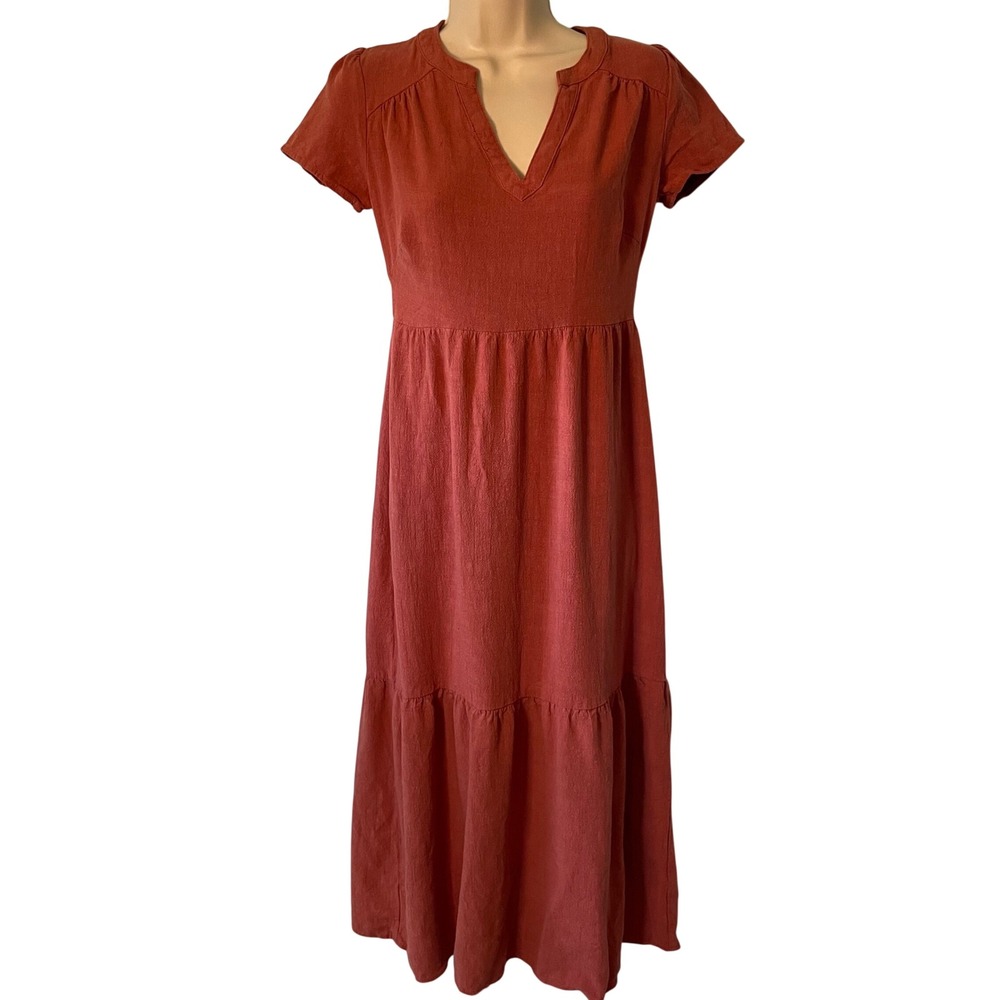 Universal Thread Women's Linen‎ Blend Midi Dress SIze XS V-Neck Tiered Rust